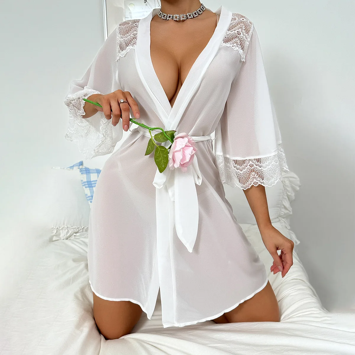 

Pajamas Chiffon Lace Hollow Night Gown Splicing Perspective Nightgown Cardigan Robe Sexy Clothes Women Lingerie Hot Bathrobe