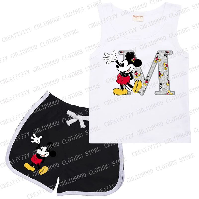 Disney tureChildren-Shorts de sport pour enfants, lettres A B C D trempées, vêtements décontractés de dessin animé Kawaii, FibrGirl Boy, ensembles de 2 pièces