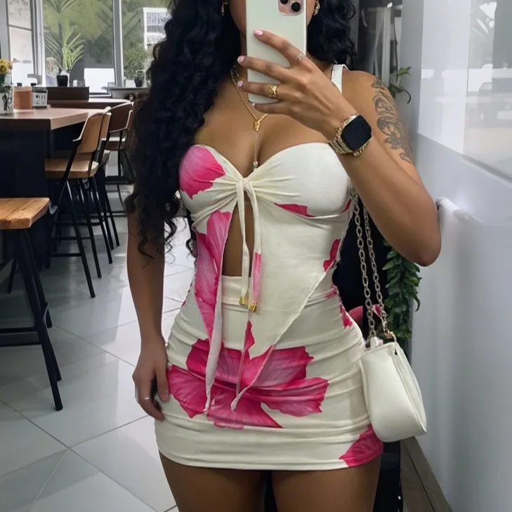 

Sexy Slim Holiday Style Two Piece Set Fashion Printed Asymmetric Off Shoulder Lace Up Top Mini Package Hip Skirt Suit For Women