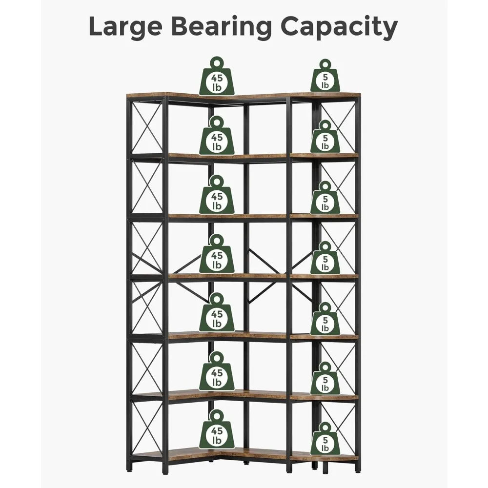 7-Shelf Reversible Corner Bookshelf, Modern Industrial Tall Bookcase, 7-Tier Large L-Shaped Storage Shelf Display Rack with