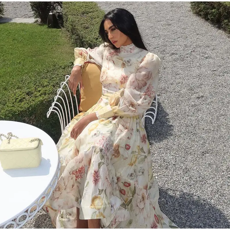Elegant Floral Printed Women's Dress Stand Collar Full Puff Sleeve A-line Long Dresses 2026 Summer Vacation Party Lady Robes