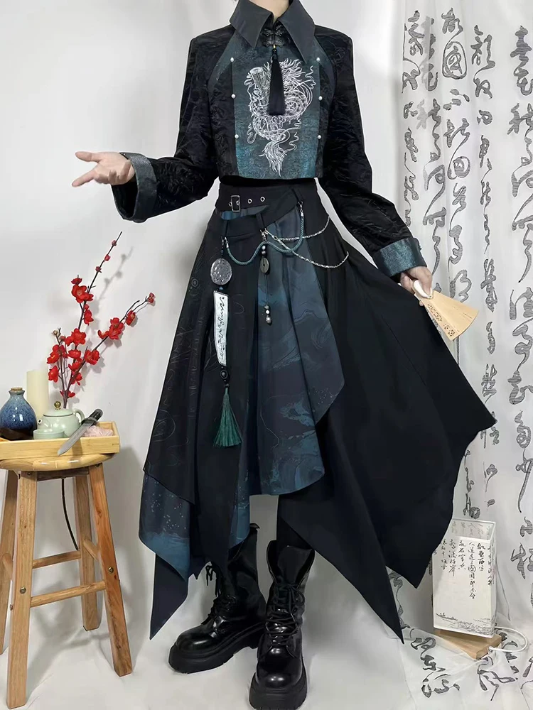

New Chinese Style Spring And Autumn Stand Collar Jacket Guofeng Suit Cos Cosplay Embroidery Dark Blue