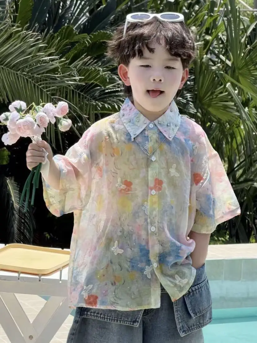 男の子夏シャツセット薄手半袖ホリデーツーピーススーツ子供用おしゃれな服装通気性軽量韓国風