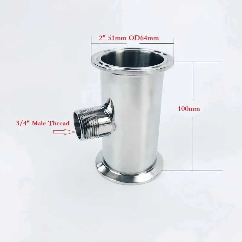 2 بوصة (51 مم) Ferrule OD64mm أنبوب/أنبوب بكرة صحي ثلاثي البرسيم مع خيط ذكر متوسط 3/4 بوصة، H-4 بوصة (100 مم)، 304 من الفولاذ المقاوم للصدأ