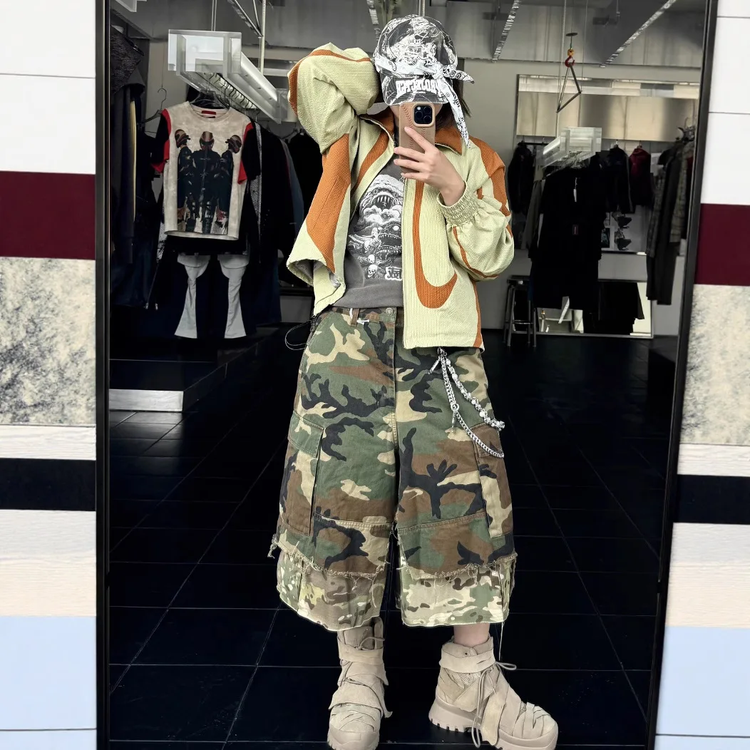 Grailz Summer Retro Camo Patchwork Design Multi-Pocket Short Pants for Casual Straight-Fitting Seven-Inch Length Project G/R