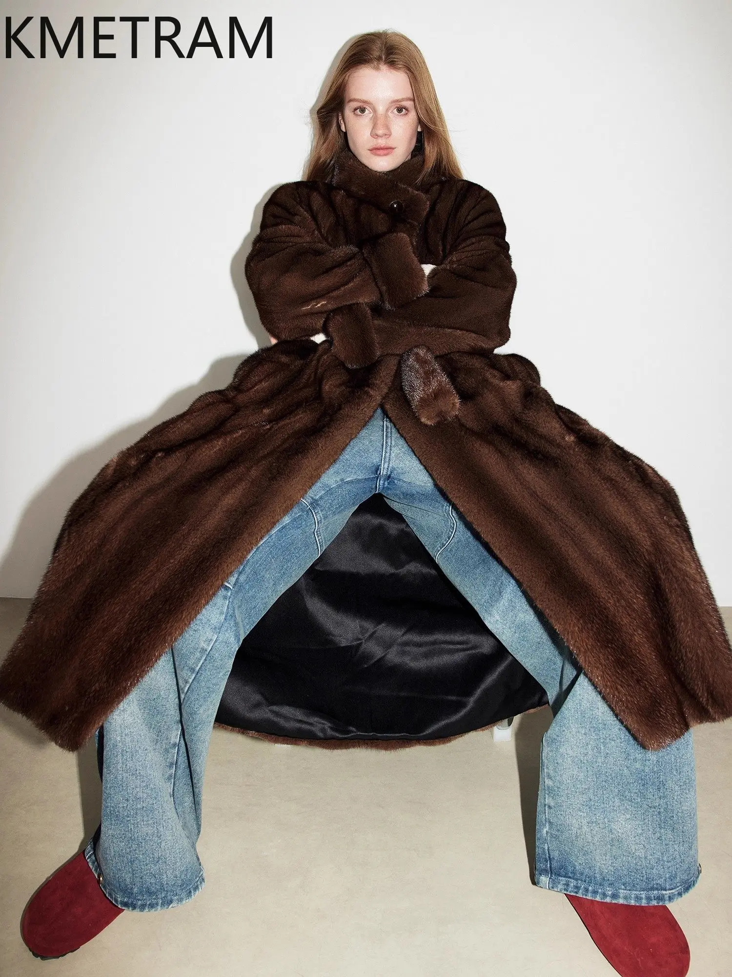 KMETRAM Natural Whole Mink Fur Coat with Belt Woman High Quality Long Mink Fur Jacket Mulberry Silk Lining Winter Clothes 2026