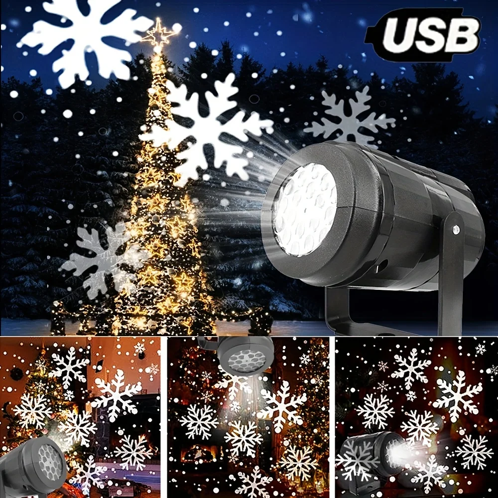 USB الطاقة أضواء جهاز عرض عيد الميلاد LED أضواء الجنية 360 °   مصباح إسقاط الثلج الأبيض الدوار لتزيين حفلات المنزل وعيد الميلاد