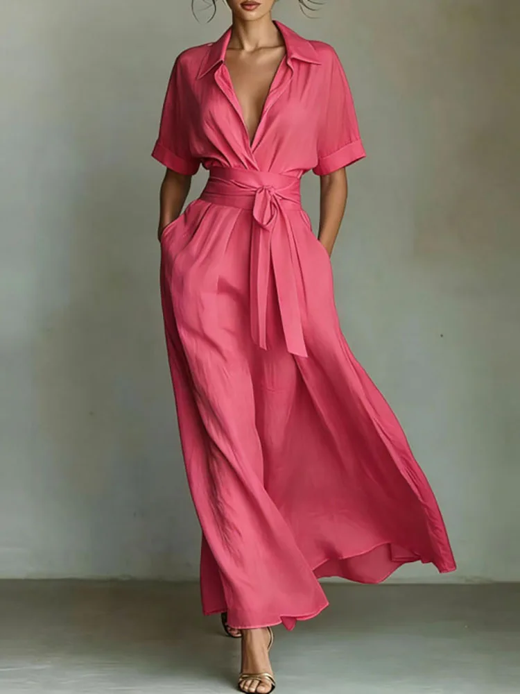 Zomerjurk voor dames, casual, effen, met zakken, losvallend, feestjurk, sexy, hoge taille, strikdetail, lange jurk, revers, korte mouwen, boho-stijl, lente 2026 - afbeelding 2
