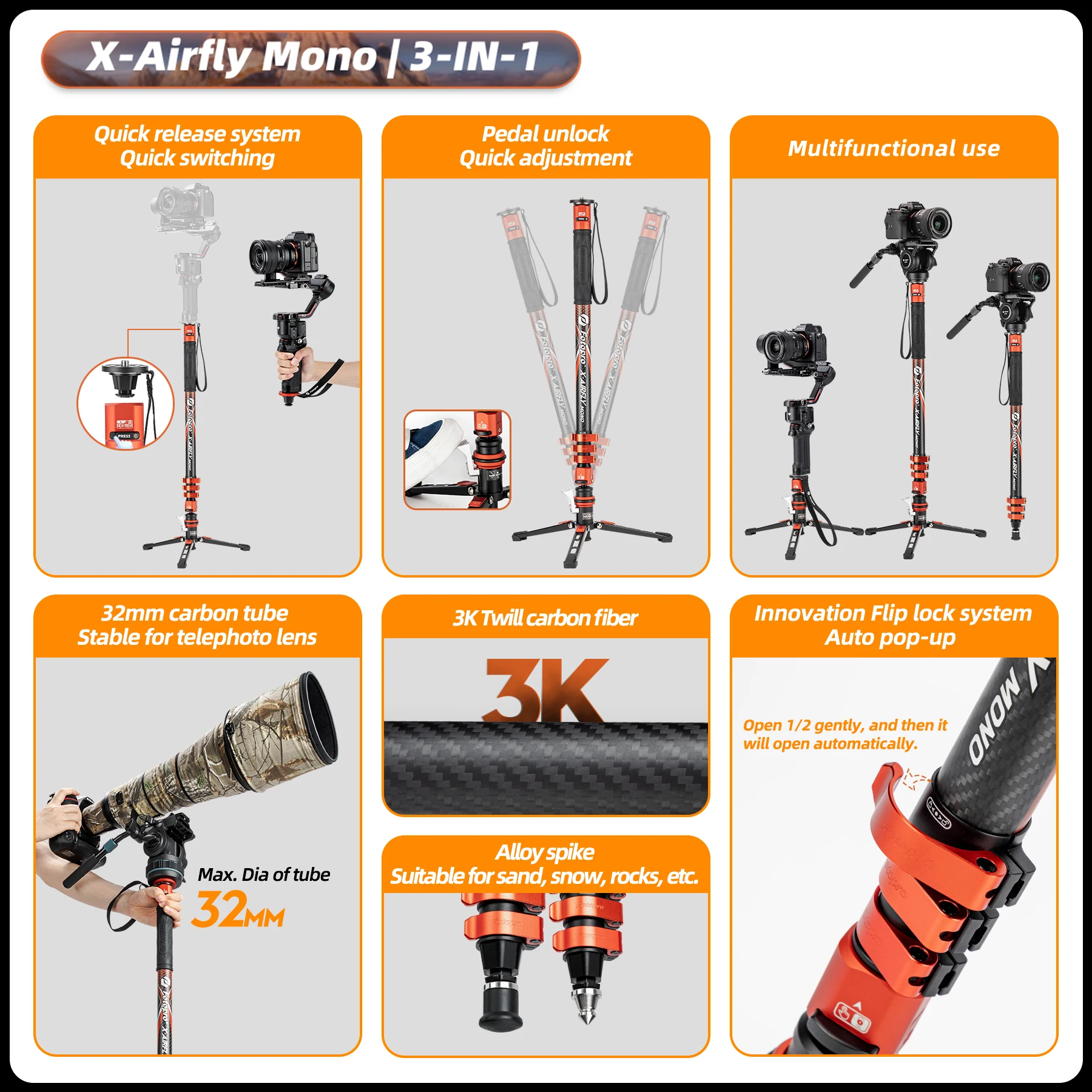 Fotopro Carbon Fibre Monopod Bundle with Pedal Locking Video Fluid Head 186CM 3-in-1 Travel Monopod for DSLR Camera