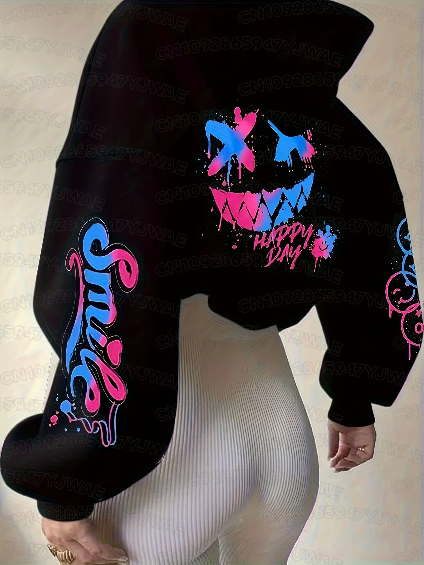 Herbst- und Winter-Sweatshirt für Damen mit leuchtendem Print - "HAPPY" & Herz-Motiv, langärmelige, leichte Kapuzenpullover – Detail 7