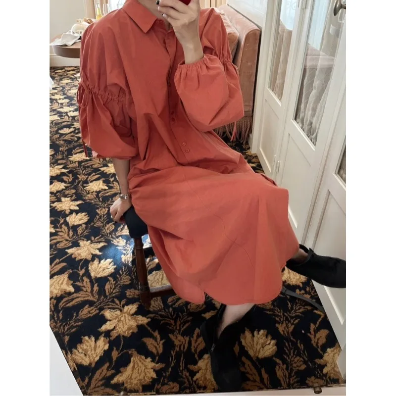  Collar Lantern Sleeve Casual Loose Versatile Single Button Drawstring Dress Street Style Summer Women's Fashion Dress