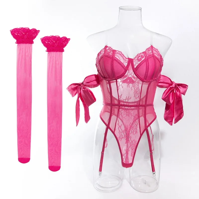 Toucheart Pakaian Dalam Seksi Wanita Tali Sutra Pita Lingerie Seksi Jumpsuit Stoking Set Lingerie Seksi Tembus Pandang Jaring Warna Solid