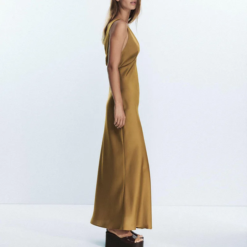 خريف جديد وصول المرأة Bal V-ne ميدي الدكتور الحرير الساتان الملمس عادية Sle H-aped ثوب لا Sve مادة أخرى #4