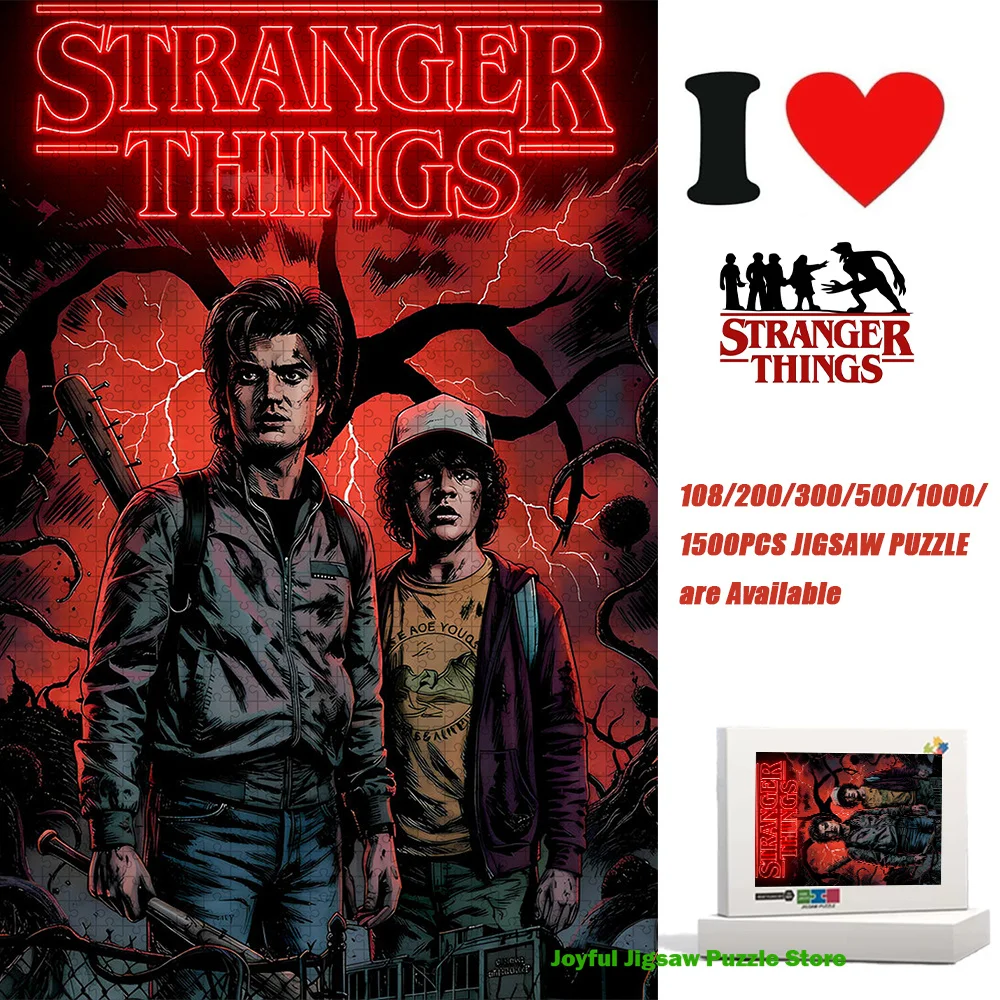Stranger Things Jigsaw Puzzle Steve & Dustin Iconic Scene Puzzle Red Lightning & Upside Down Decompression Toy 1000/1500 Pieces