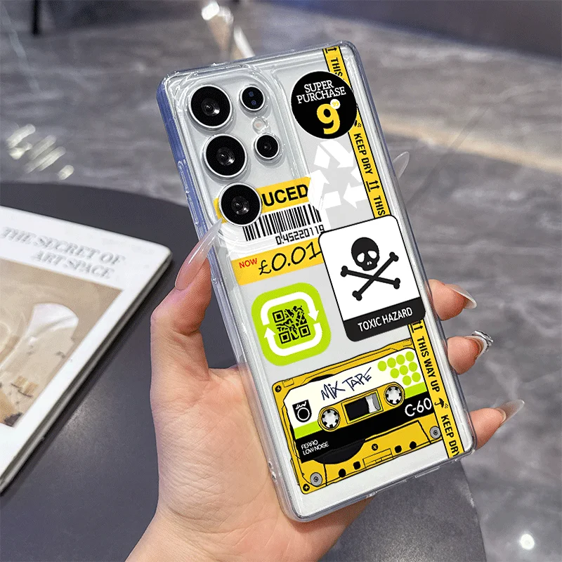 Funny Mix Labels Collage Stickers Pattern Clear Phone Case for Samsung Galaxy S26 Ultra S25 S24 FE S23+ S22 S21 Plus Soft Cover