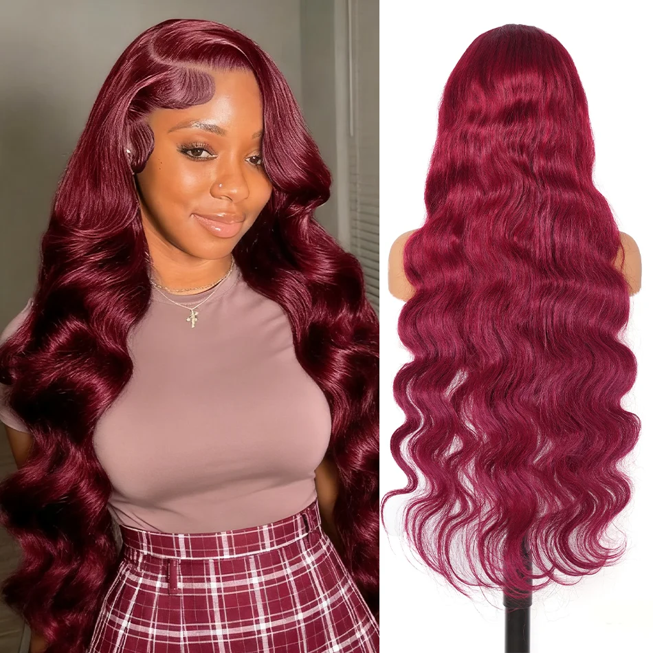 

Винно-красные парики из натуральных волос 99J Burgundy Body Wave, предварительно прорезанные, с фронтальной кружевной вставкой 13x6, 200% плотности, для женщин, цветные парики Remy.