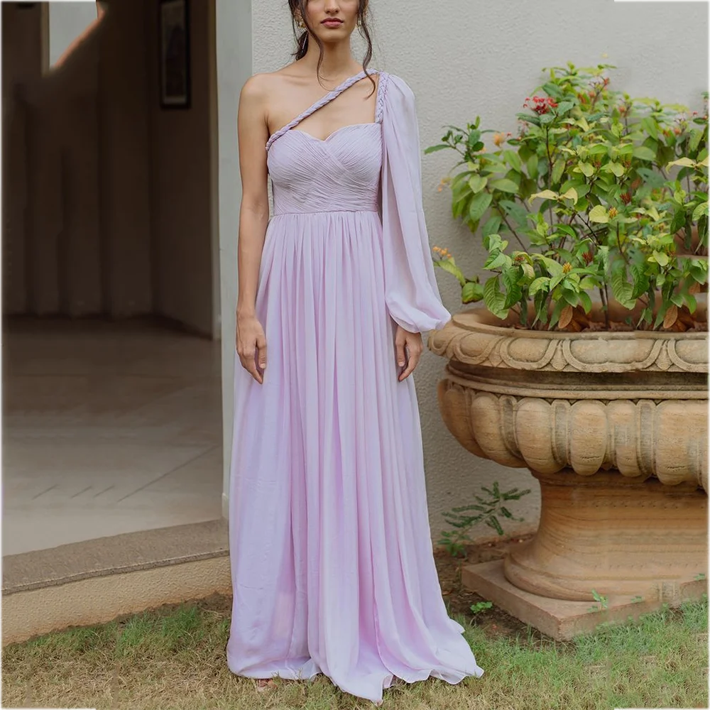 

Стильное вечернее платье на одно плечо с длинными рукавами и складками длиной до пола, романтическое нежное женское платье для банкета, специальное вечернее платье