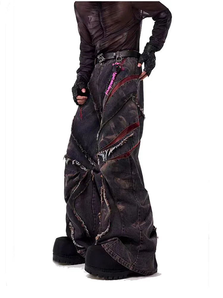 High Street Heavy Industry Stir Fried Snowflake Curved Knife Jeans Pants Men in Spring with Stitch Mesh Wide Leg Denim Pants