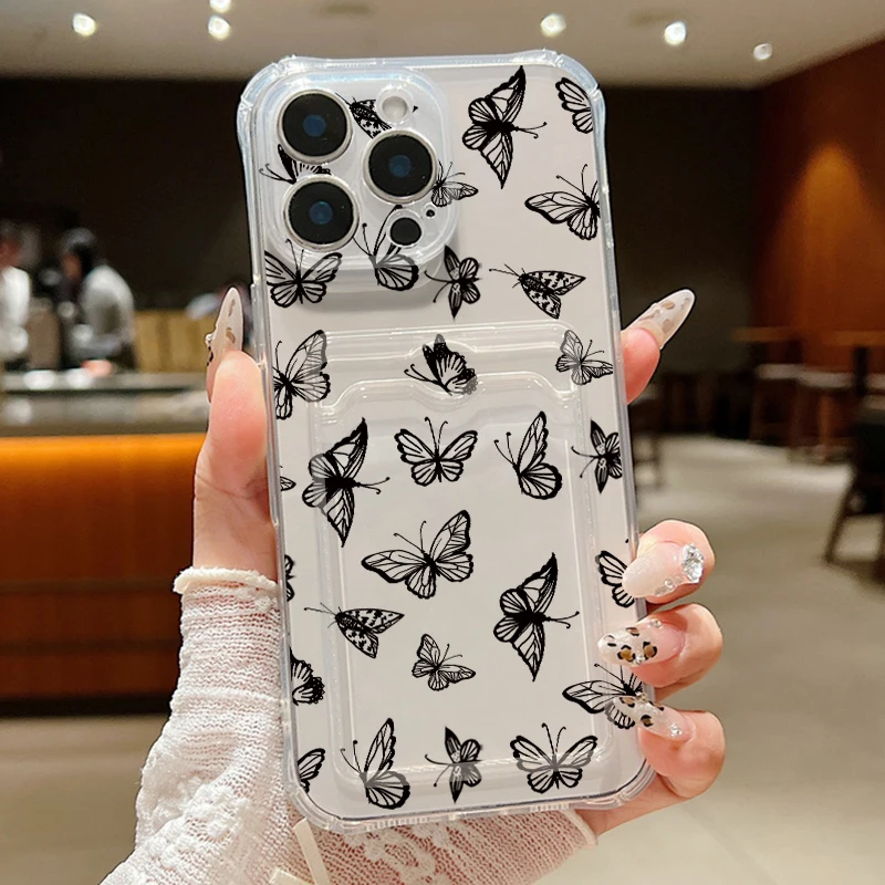 Case For iPhone 16 Pro Max Luxury Card Slot Black Butterfly Clear Soft Silicone Cover Coque For iPhone 11 12 13 14 15 Pro Max