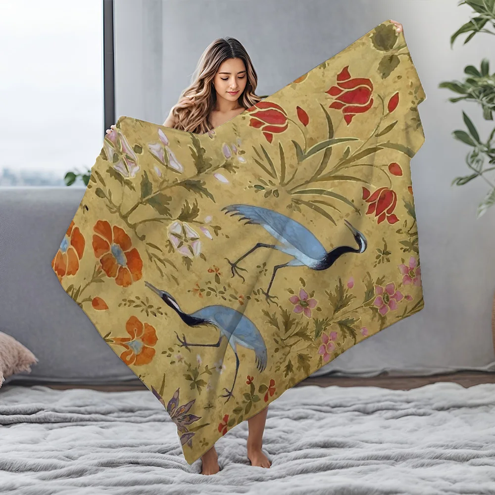 خمر النمط الصيني كرين الأزهار طباعة الصوف بطانية لينة الدافئة رمي غطاء أريكة تتحول لسرير هدية