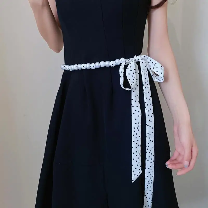أزياء خمر البولكا نقطة وشاح حريري طويل اللؤلؤ الخصر سلسلة تصميم فاخر حزام رائعة الملابس والاكسسوارات