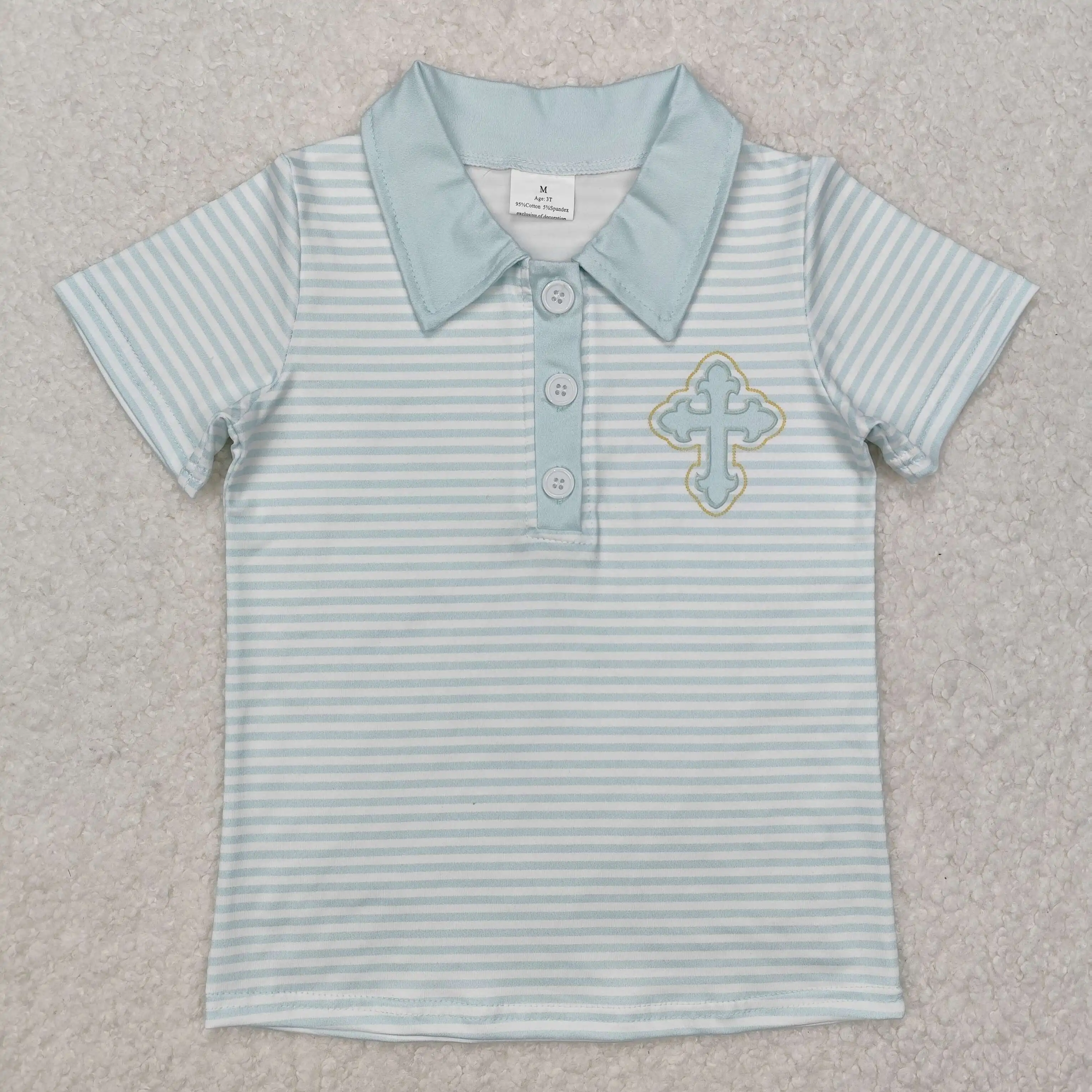 

New rts Baby Boys Easter Tops Wholesale Boutique Easter Cross Print Blue Green Striped Boys Short Sleeve Shirts