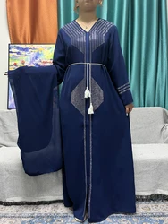 Conjuntos Ramadã Muçulmanos para Mulheres, Abayas com Lenço e Cinto, Chiffon Solto, Robe Solto Monocromático, Diamante Incrustado, Seda Sintética