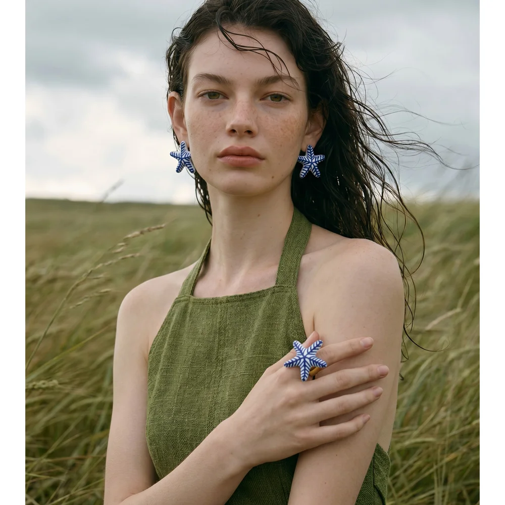 Blue Imitation Ceramic Starfish Stud Earrings & Ring Set