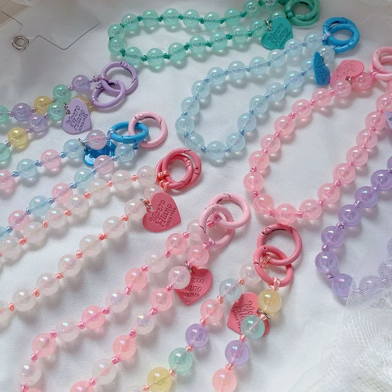 

Прозрачный ремешок для телефона, короткий стильный ремешок на запястье, сердце любви, браслет с бусинами ручной работы, кулон, широкий ремешок на запястье, ремешок против потери