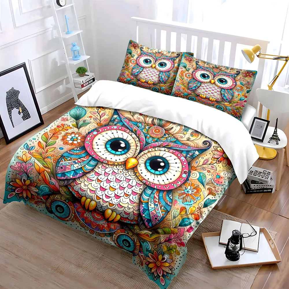 Owls and colorful flowers surround the art Printed Duvet Cover Set1 Duvet Cover+2 PillowcaseMulti Size Bedroom Bedding Decor