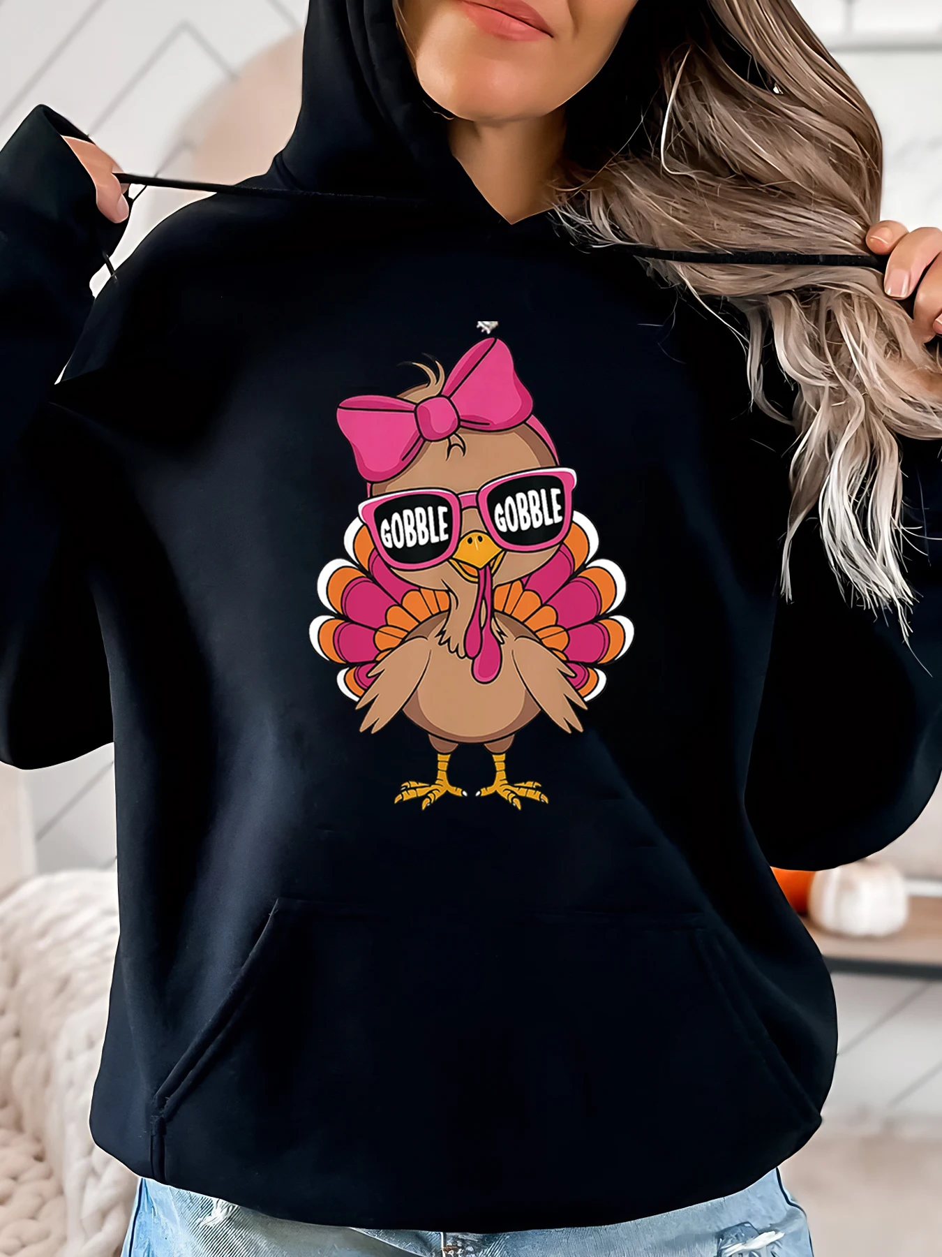 

Толстовка с принтом Турции Gobble Gobble на День Благодарения, женская повседневная осенняя одежда, черная, больших размеров