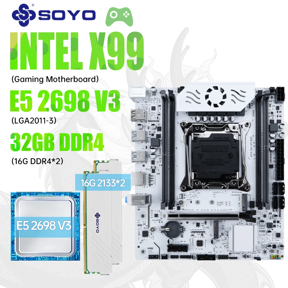 

SOYO X99 C612 Motherboard Kit Set with Intel LGA2011-V3 Xeon E5 2698 V3 CPU&DDR4 32GB(16GB*2)2133MHz RAM M.2 NVME PCIE3.0 TPM2.0