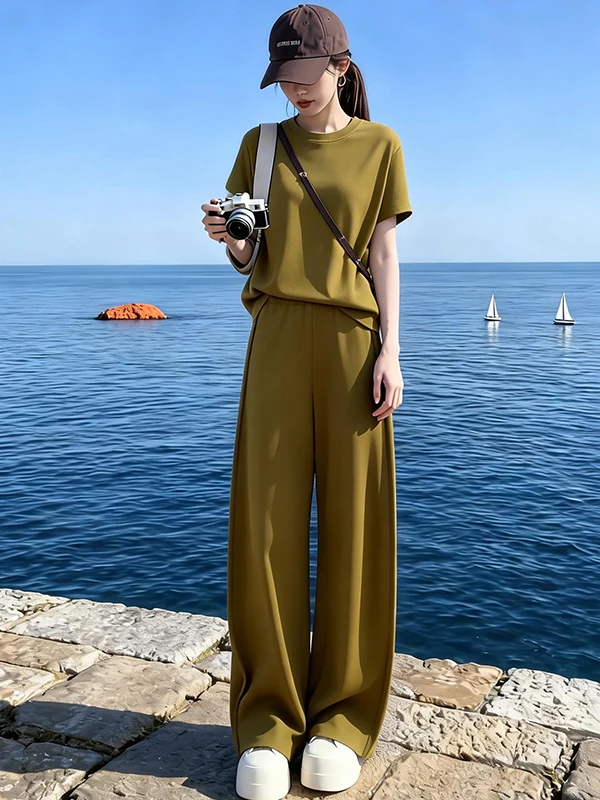 

Summer 2026 Women's Casual Sportswear Set Short Sleeve T-Shirt Wide Leg Pants Two-Piece Comfortable High Waist Fashionable