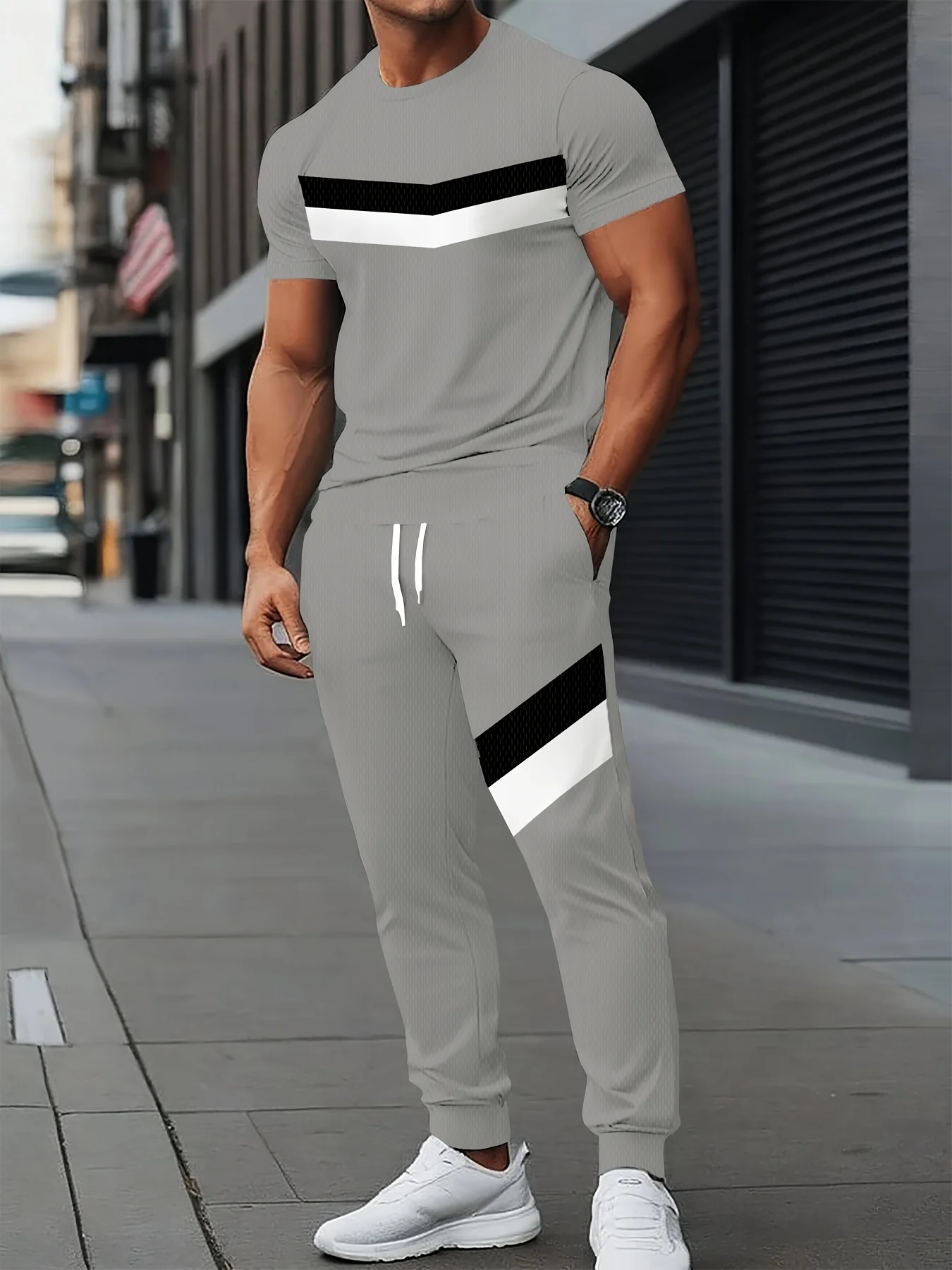 

2026 Summer New Men's Short-Sleeved Long Pants Set with 3D Pattern Printing for Street Casual Comfort and Softness