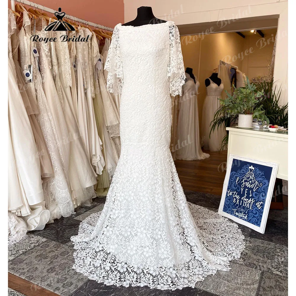 Luxury Full Lace Mermaid Boho Wedding Dress for Bride 2024 Short Sleeve Wedding Gown for Women vestido de noiva sereia Roycebrid