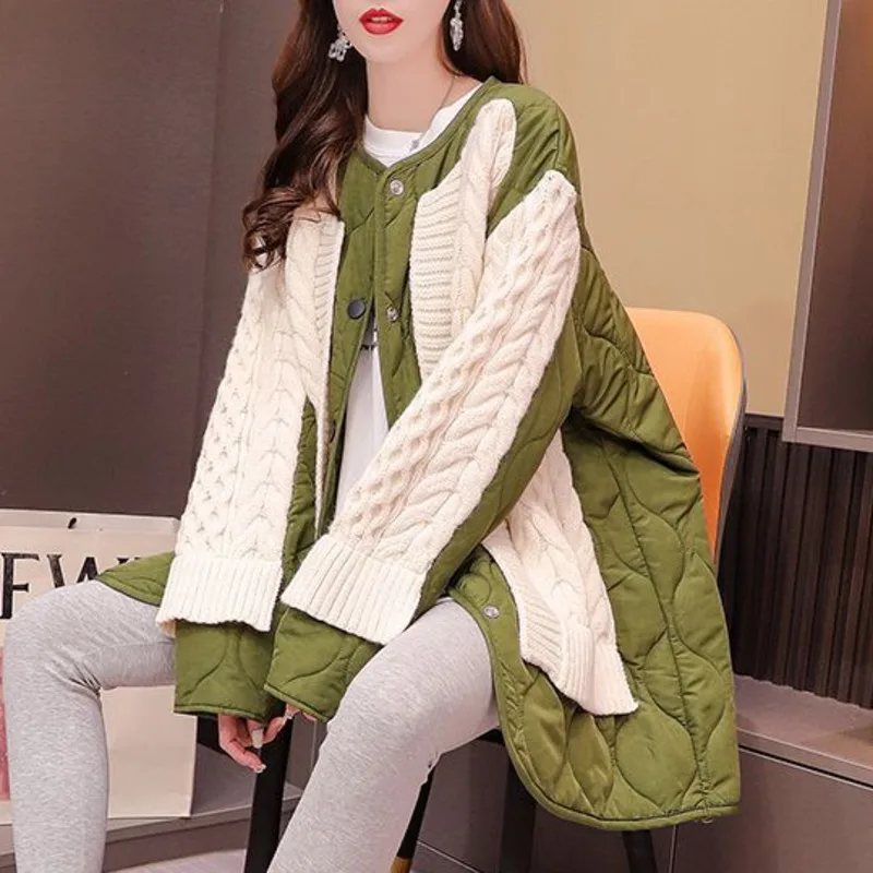 [EWQ] Spliced Cotton Long Sleeve Knit Cardigan Single Breasted Loose Women Winter Thick Sweater Jacket 2024 Autumn New 16O2555