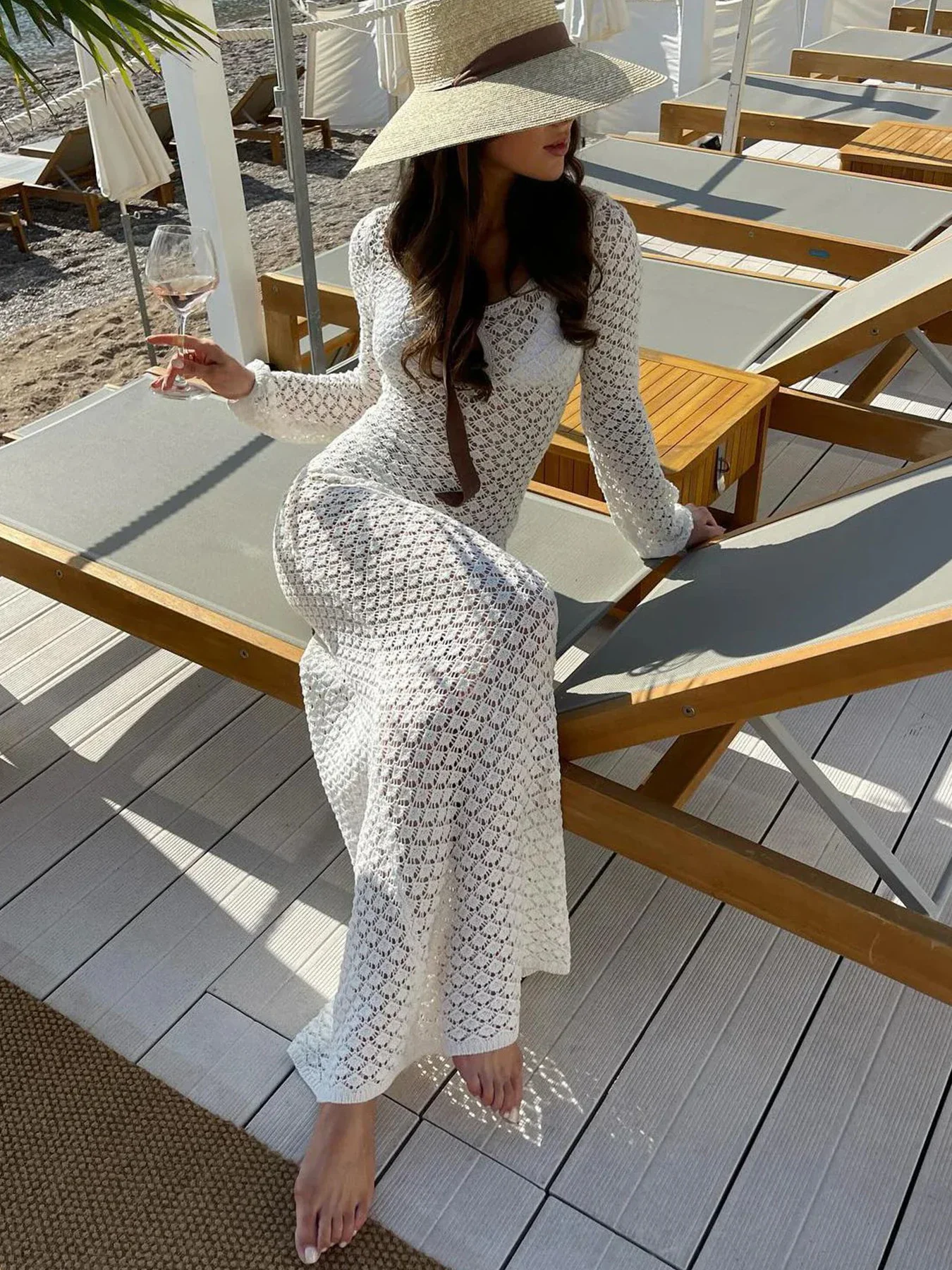 2024 neue Sexy Strick Aushöhlen Langarm Strand Kleid Frauen Bikini Cover Up Weibliche Lange Strand Rock Bademode Cover Up outwear