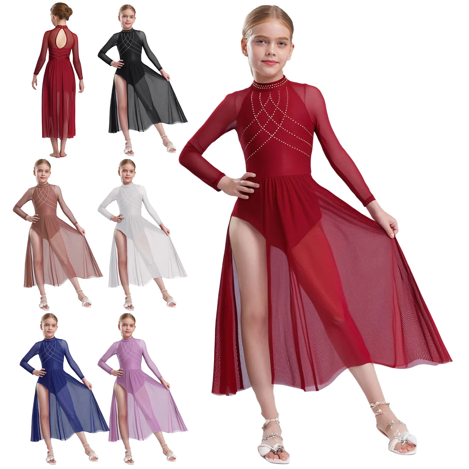 الفتيات ملابس رقص غنائية الباليه الشكل التزلج الجمباز الحديثة Dancewear لامعة الراين بقماش شفاف سبليت فستان يوتار