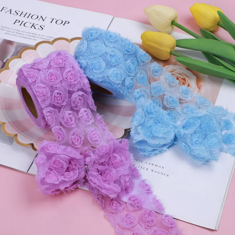 5 Yards 3D Chiffon Rose Flower Embroidered Lace Trim Ribbon Fabric DIY Bow Sewing Craft Costume Headdress Hat Decoration