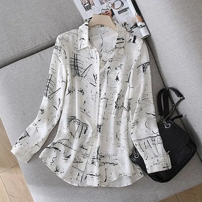 Office Lady Printed Fashion Single-breasted Shirt Chiffon Spring Autumn Casual Loose Women\'s Clothing Polo-Neck All-match Blouse