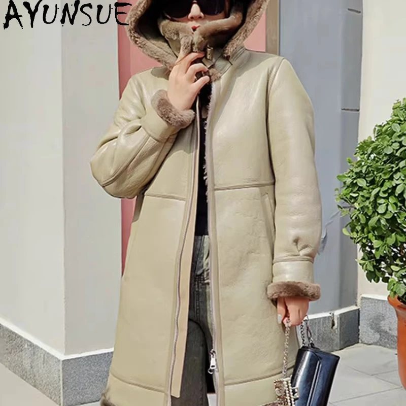 

AYUNSUE Natural Sheepskin Fur Coat Women Hoodie Genuine Leather Jacket Woman Winter Clothes Lamb Wool Real Fur Coats Mid-length