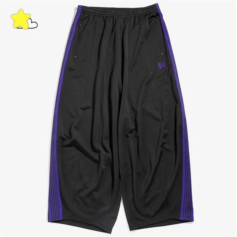 Purple Striped Butterfly Embroidery Wide Leg Pants Men Women Best Quality Oversized Drawstring Sweatpants Jogger Black Trousers