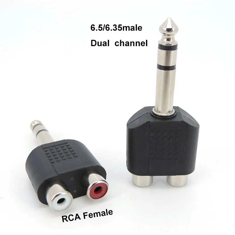 10pcs 6.35 / 6.5 mm Male to Dual RCA Female audio and video adapter connection lotus three split RCA RF connector AV