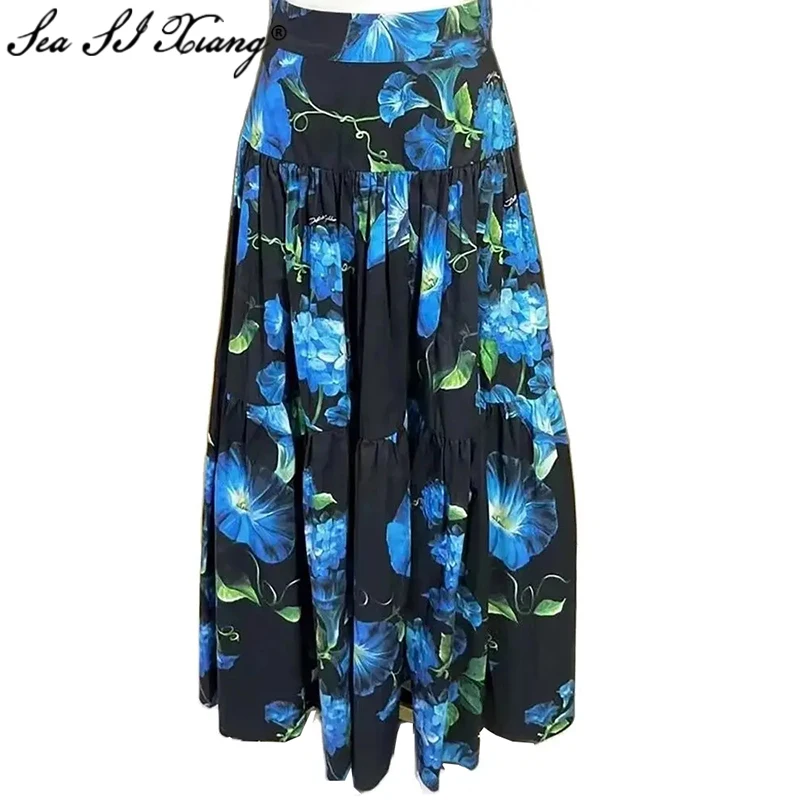 100% Cotton Skirt Dark Night Blue Morning Glory Flower Vintage Party Long Dresses For Women 2024 Luxury Brand