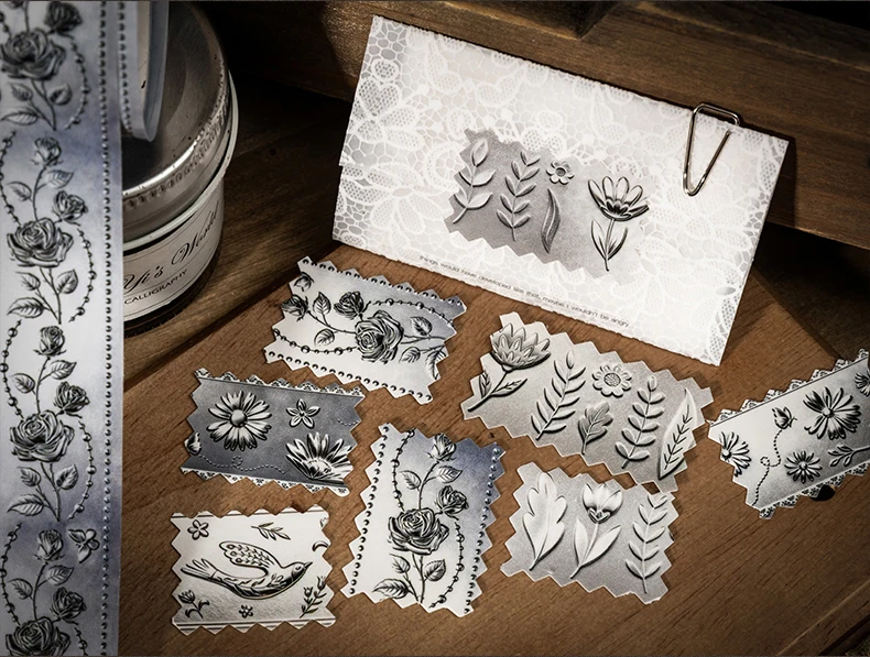 Journal GO 2,5cmx2M Vintage Silber Landschaft PET-Band Blumen Vögel Kreatives DIY Journal-Material Collage Scrapbooking Aufkleber – Detail 13