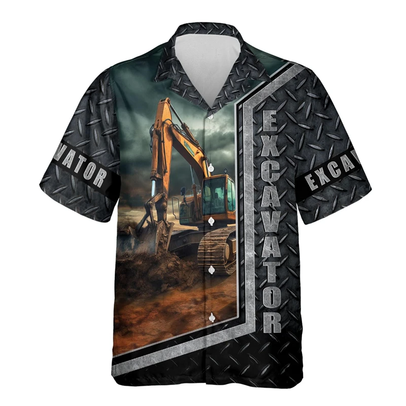 

Excavator Graphic Aloha Shirts Men Kids 3d Printed Short Sleeves Tropical Summer Vacation Lapel Blouse Oversized Hawaiian Shirt