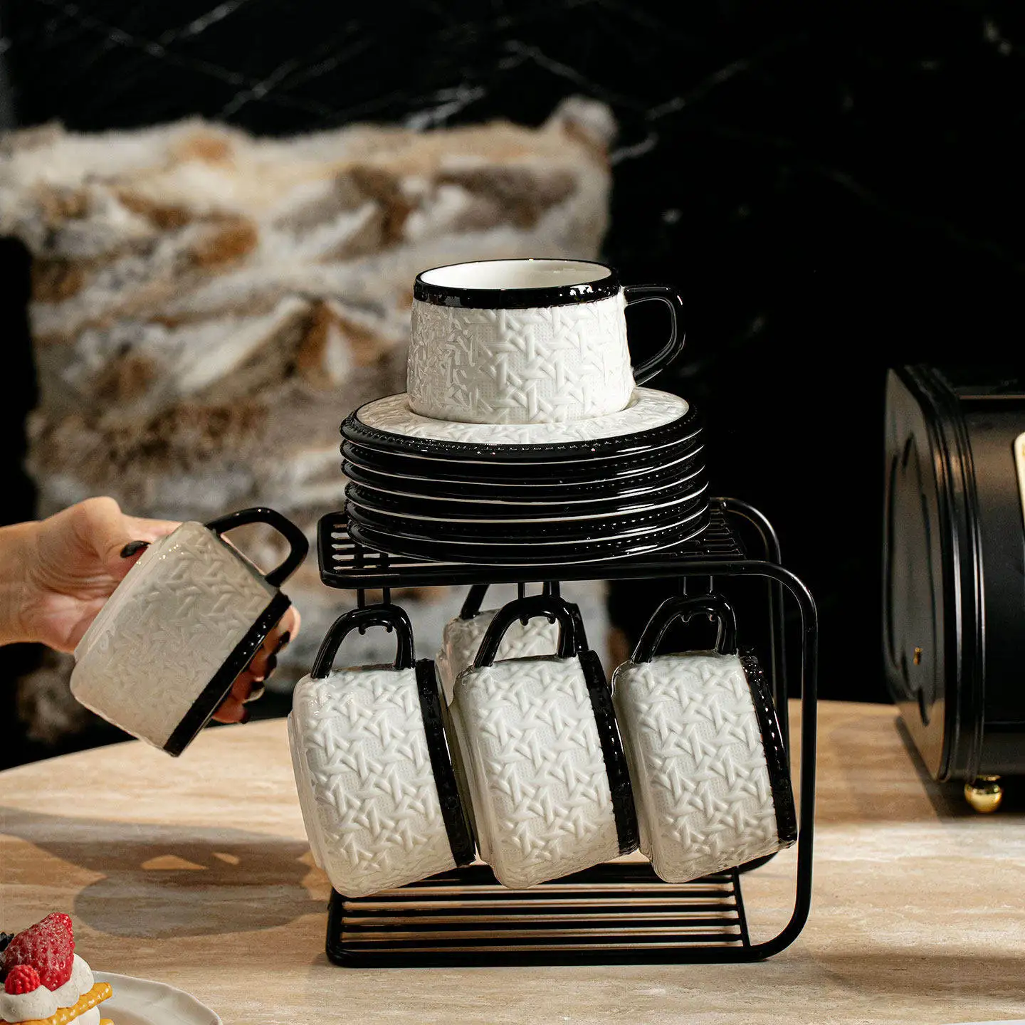 Ceramic Flatten Coffee Cup Set Camping Outdoor Chinese Plates Coffee Cup Set Dosing Cup Vintage Stolik Kawowy Cafe Accessories