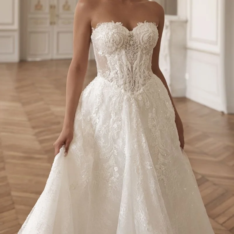 Lace White Wedding Dresses Glitter Beadwork Decal Skirt Long Tail A-line Skirt Layered Made Wedding Dress Bridal Gown Customize