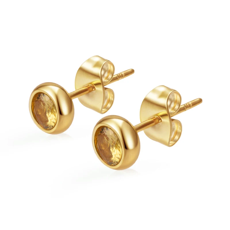 Klassische Edelstahl-Ohrstecker mit Zirkonia, runde Ohrstecker für Damen, Geburtsstein, goldfarben, kleine Huggie-Ohrringe, Alltagsschmuck für Frauen – Detail 9