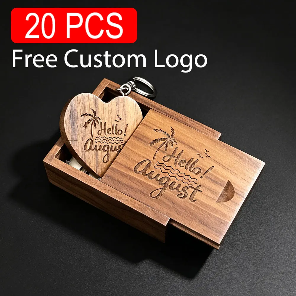 20PCS/LOT 64GB Wooden Heart Shape Usb3.0 Packing Box USB Flash Drive Pendrive 4GB 16GB 32GB Photography Gift Customizable LOGO